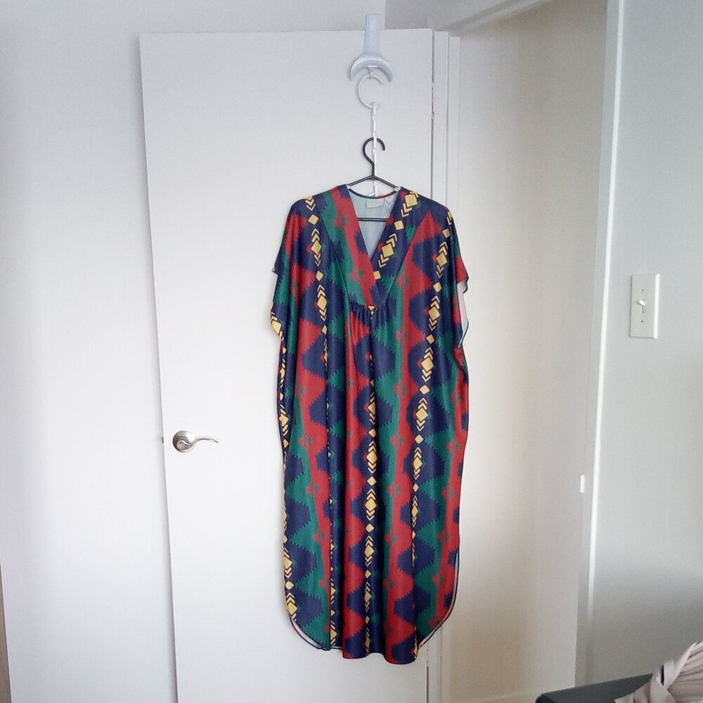 Vintage 70's Maxi Caftan Boho Hippie Geometric Green Yellow Red Blue